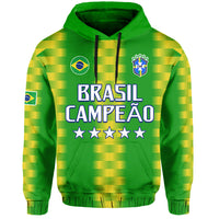 Green pullover hoodie with Brazil crest, yellow stripe panels, front text graphic and hood