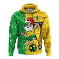 Green and yellow pullover hoodie with Santa graphic, soccer ball, and drawstring hood