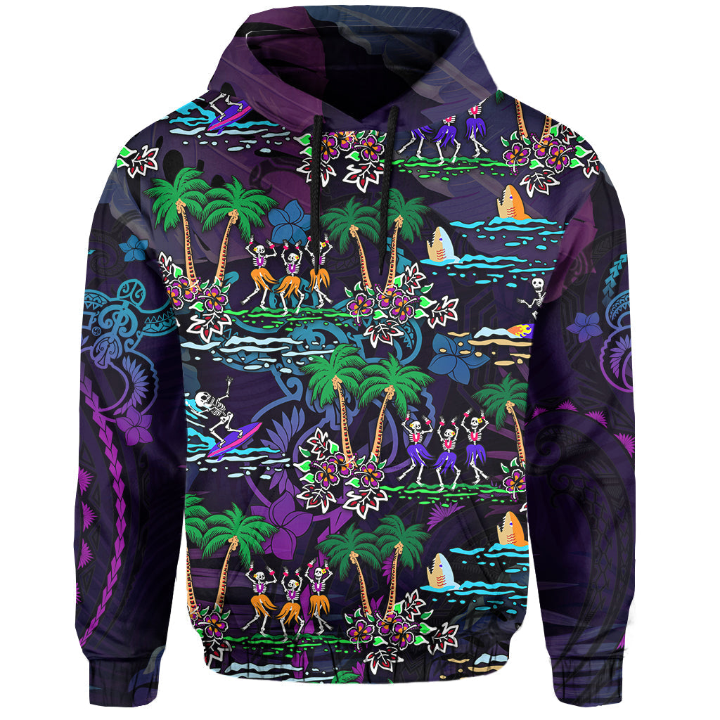 Purple hooded hoodie front with tropical skeleton figures, palms, flowers, and waves