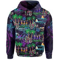 Purple hooded hoodie front with tropical skeleton figures, palms, flowers, and waves