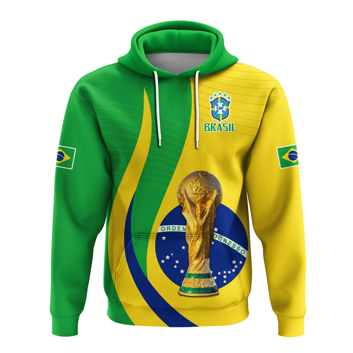 Green and yellow Brazil flag graphic pullover hoodie with hood, drawstrings, trophy
