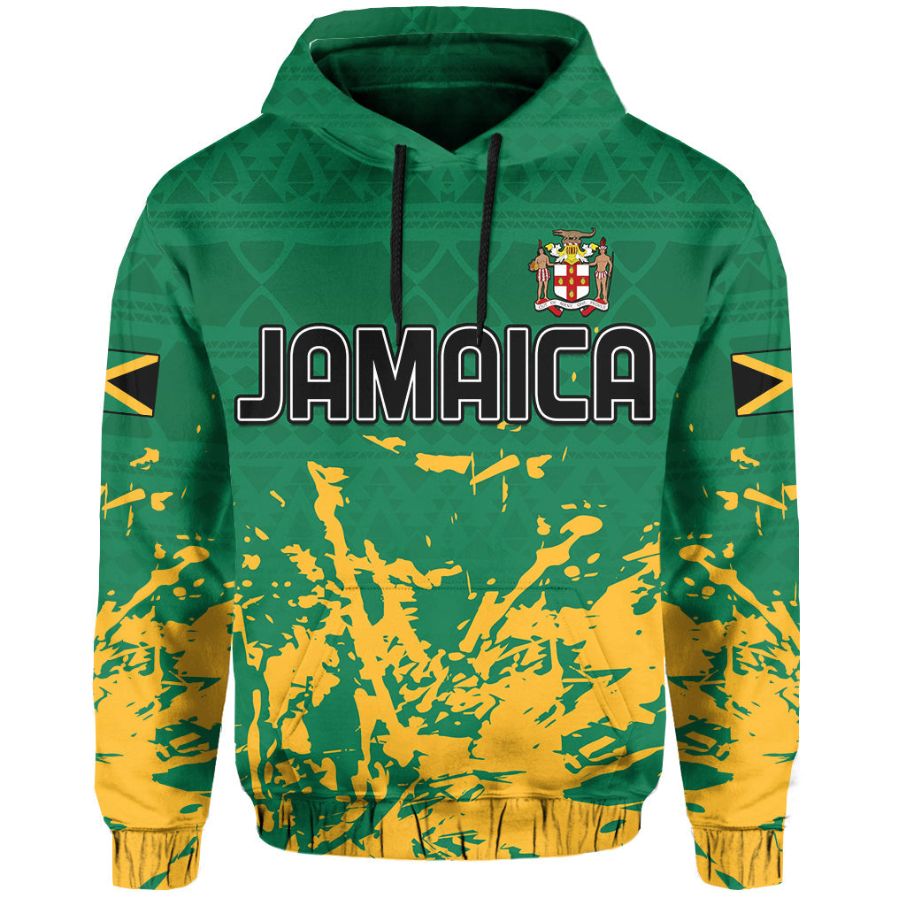 Custom Jamaica Athletics Hoodie Jamaican Flag With African Pattern Sporty Style - Wonder Print Shop
