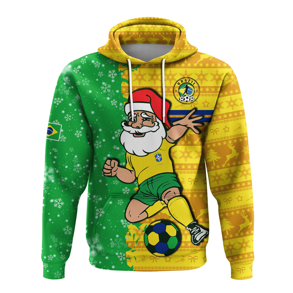 Green and yellow Christmas football hoodie with Santa holding a soccer ball, front hood