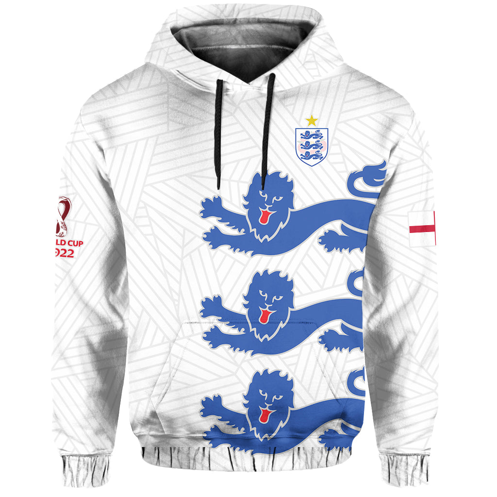 White pullover hoodie with blue lion crest pattern, black drawstrings, small crest badge
