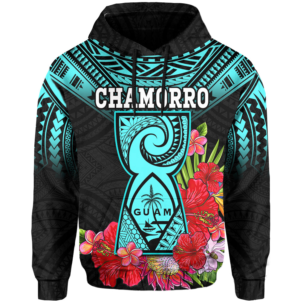 Custom Personalised Guam Chamorro Hoodie Guaman Latte Stone Tropical Flowers Turquoise Style - Wonder Print Shop