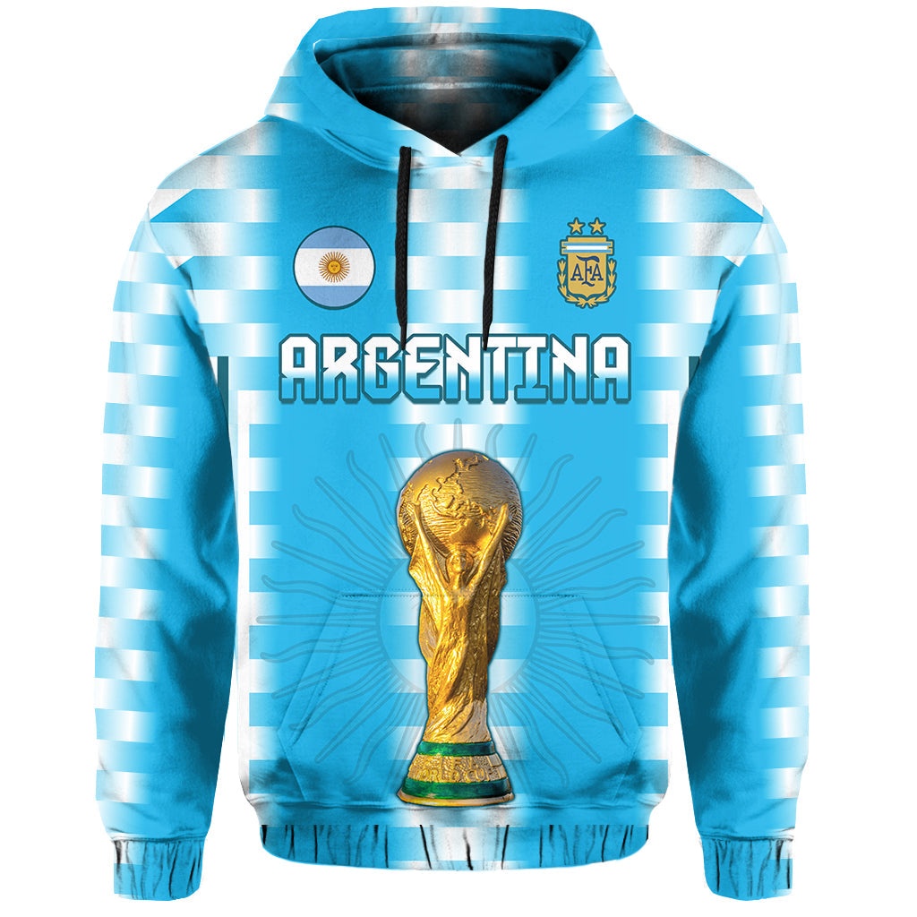 Light blue striped pullover hoodie with 'ARGENTINA' text, AFA crest, and trophy graphic