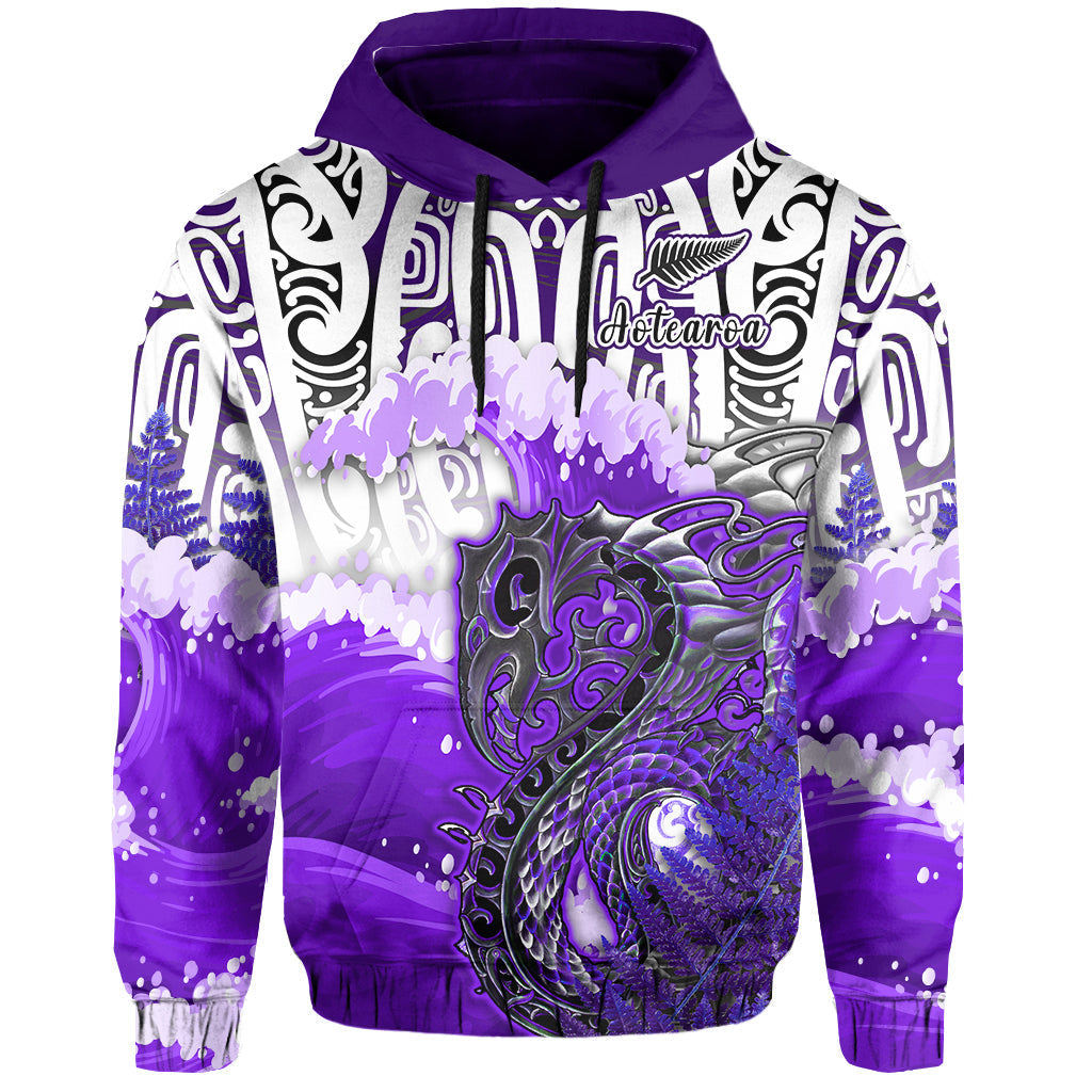 Custom Personalised Manaia Maori Hoodie Fern Aotearoa Purple Waves LT13 - Wonder Print Shop