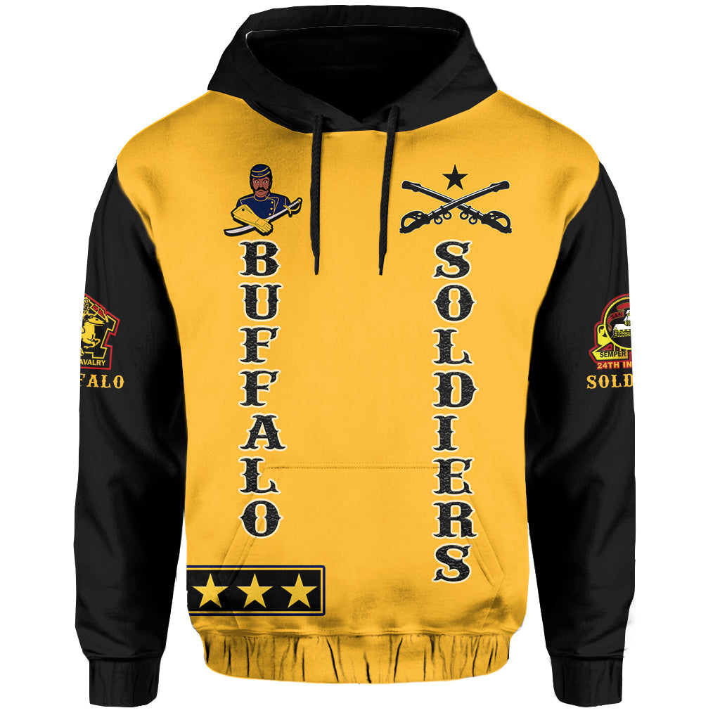 Gold pullover hoodie back graphic with vertical text, rifles, crossed guns, and stars