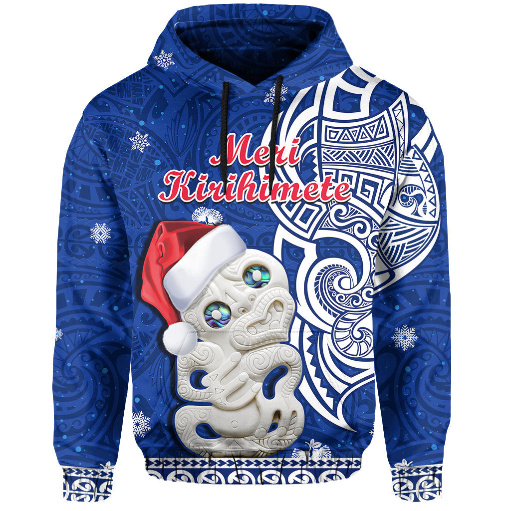 New Zealand Christmas Hoodie Hei Tiki Blue Pohutukawa Meri Kirihimete - Wonder Print Shop