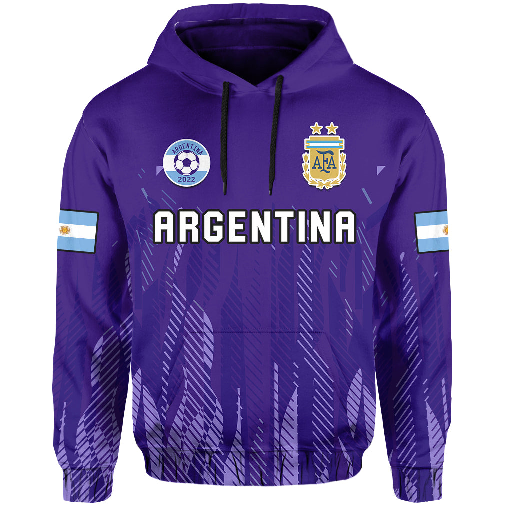 Purple football hoodie front with AFA crest, round Argentina 2022 badge, and 'ARGENTINA'