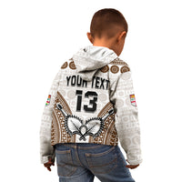 Kids white hoodie back with 'YOUR TEXT' and number 13, tapa motif