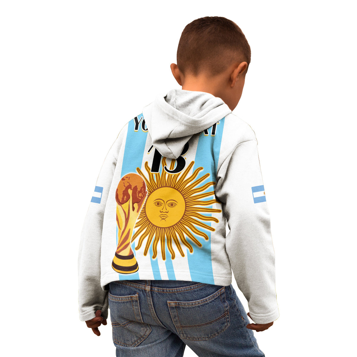 Kids white zip hoodie with light blue back panel, sun-face art, and striped Argentina styling