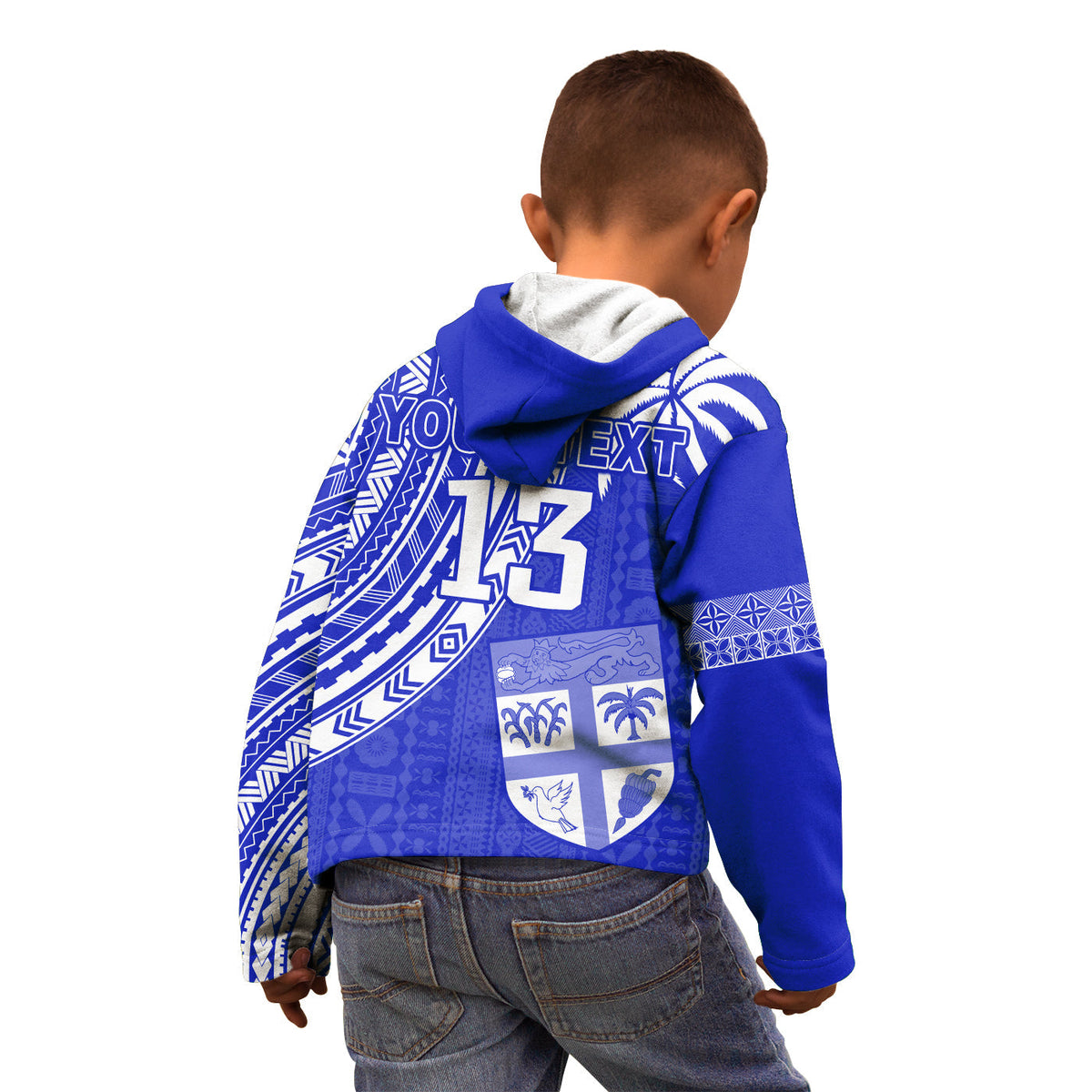 Kids blue zip hoodie with hood, back tribal print and large number graphic