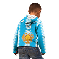 Kids blue zip hoodie back view with striped hood, sun emblem, and number 13