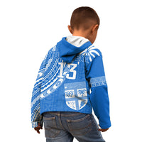 Kids blue hoodie with white Tapa pattern back print, hood, and zipper