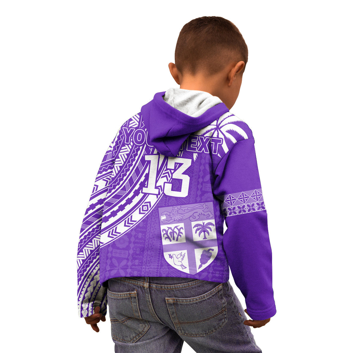 Kids purple hoodie with hood, back view with number 13 and tribal print