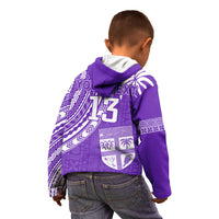 Kids purple hoodie with hood, back view with number 13 and tribal print