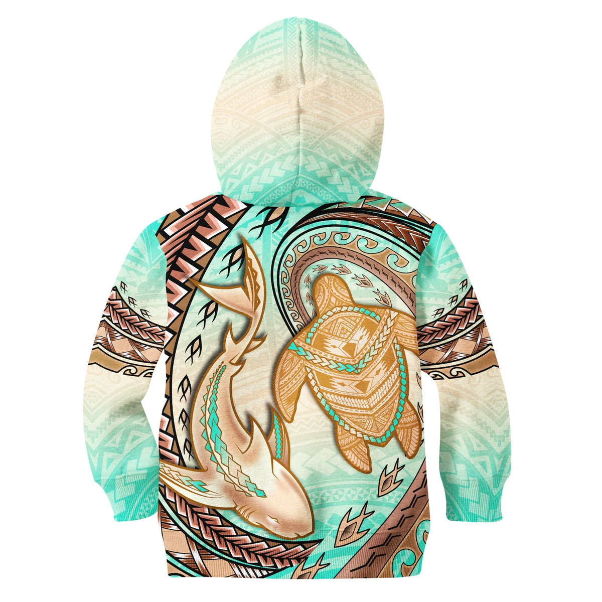 Hawaii Hoodie KID Polynesian Shark And Sea Turtle Dreamy Turquoise Artsy - Wonder Print Shop