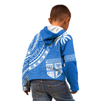 Kids blue hoodie back view with hood and Polynesian tapa print panels, zipper