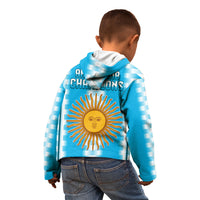 Kids blue zip hoodie back view with hood, sun emblem and striped sleeves