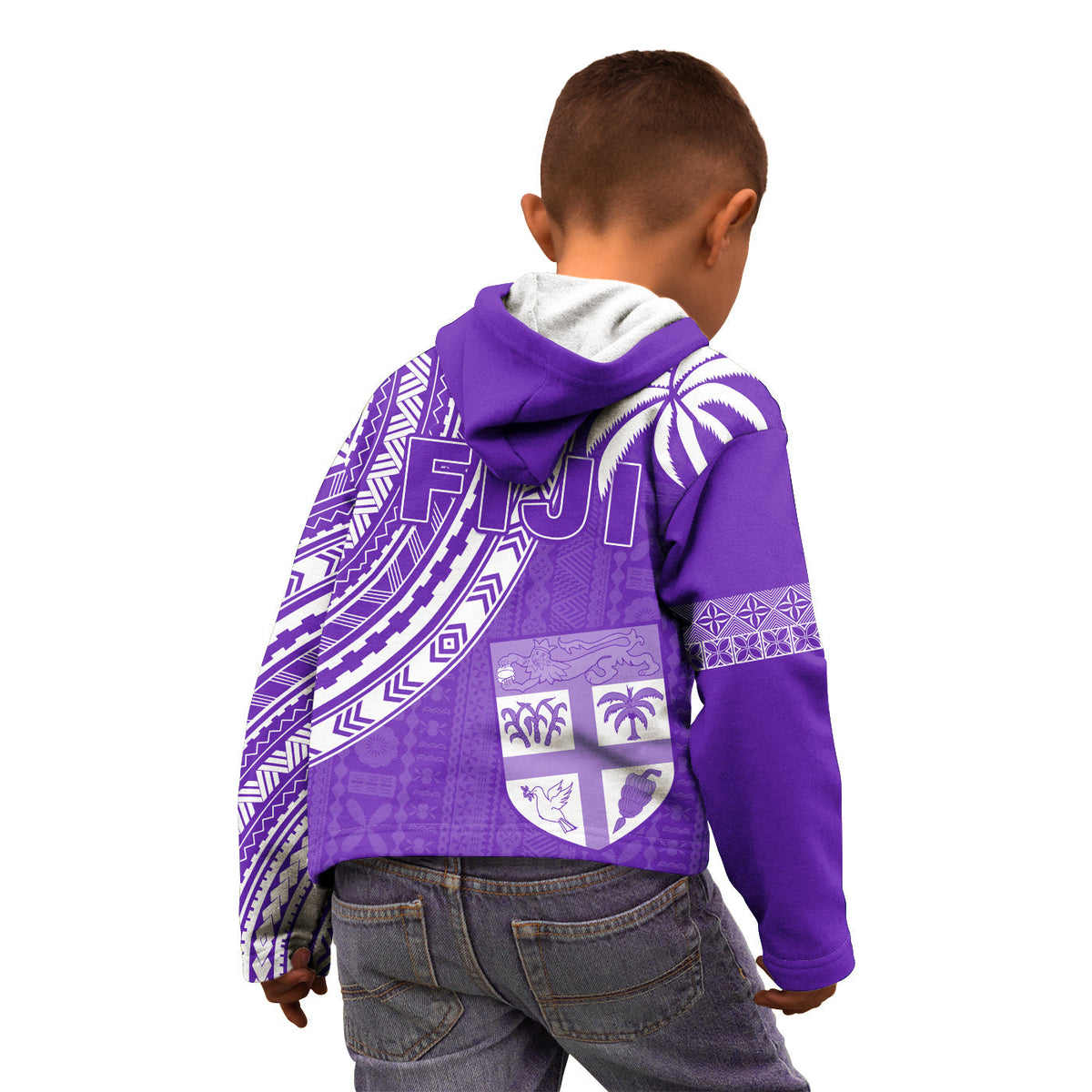 Kids purple rugby hoodie with hood and back geometric pattern and island motifs