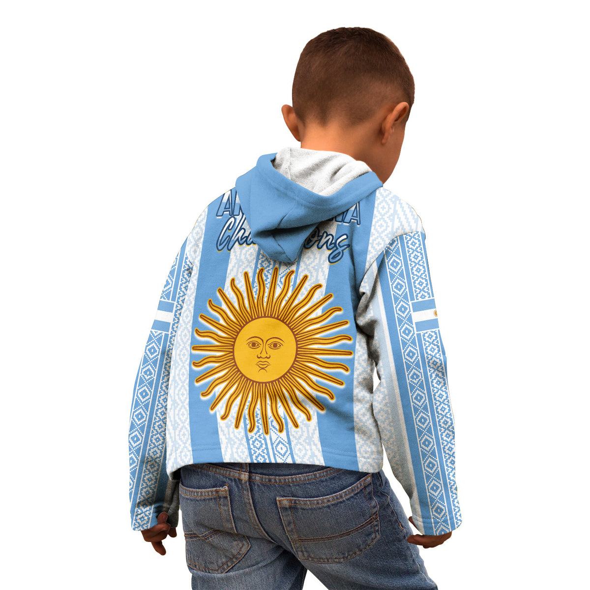 Kids football hoodie back panel with large golden sun emblem and patterned stripes
