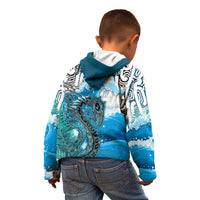 Custom Personalised Manaia Maori Hoodie KID Fern Aotearoa Blue Waves LT13 - Wonder Print Shop