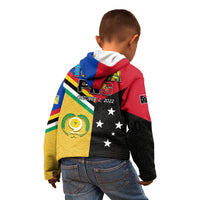 Kids zip hoodie back view with multicolor panels, stars, and hood