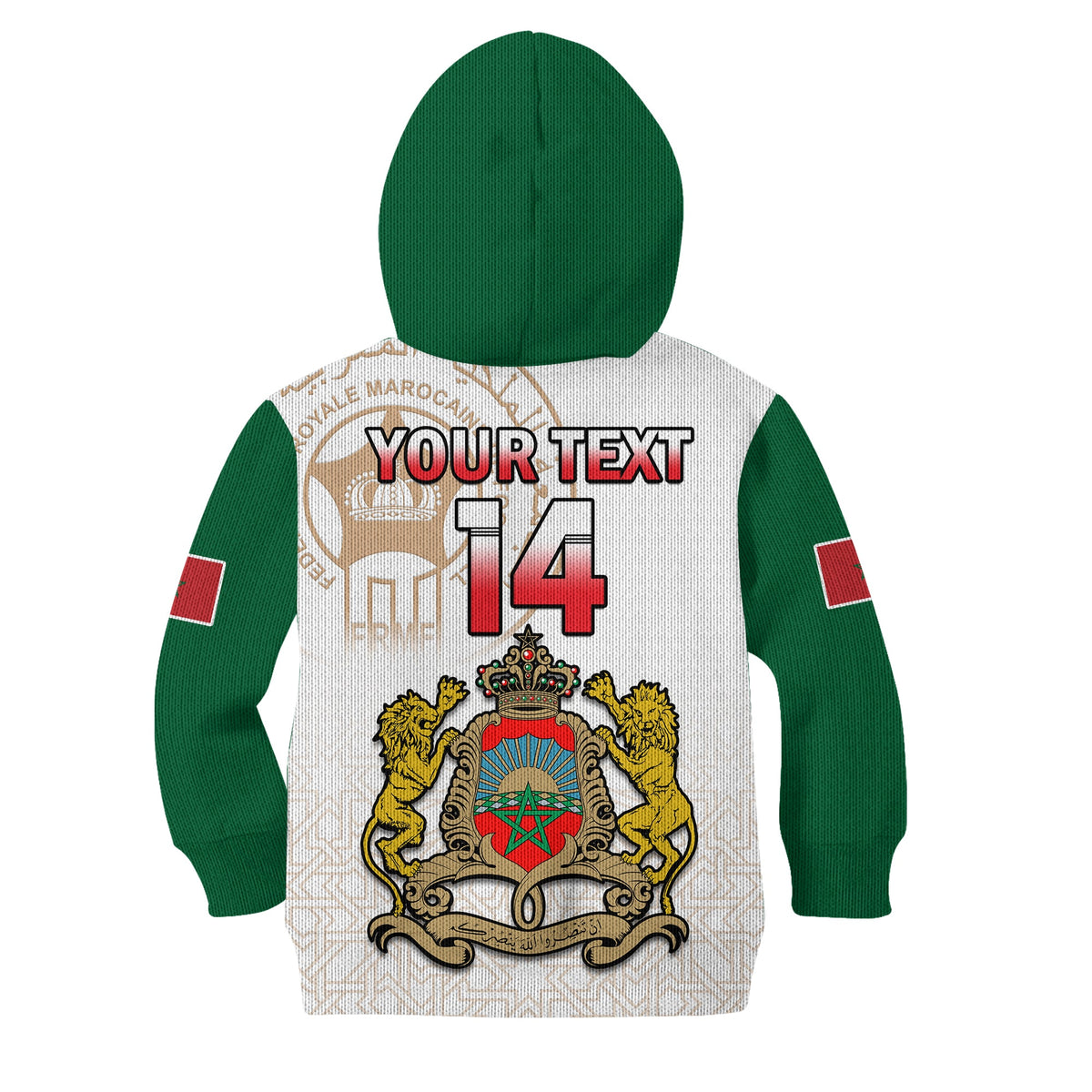 (Custom Text and Number) Morocco Football Hoodie KID Atlas Lions White World Cup 2022 - Wonder Print Shop