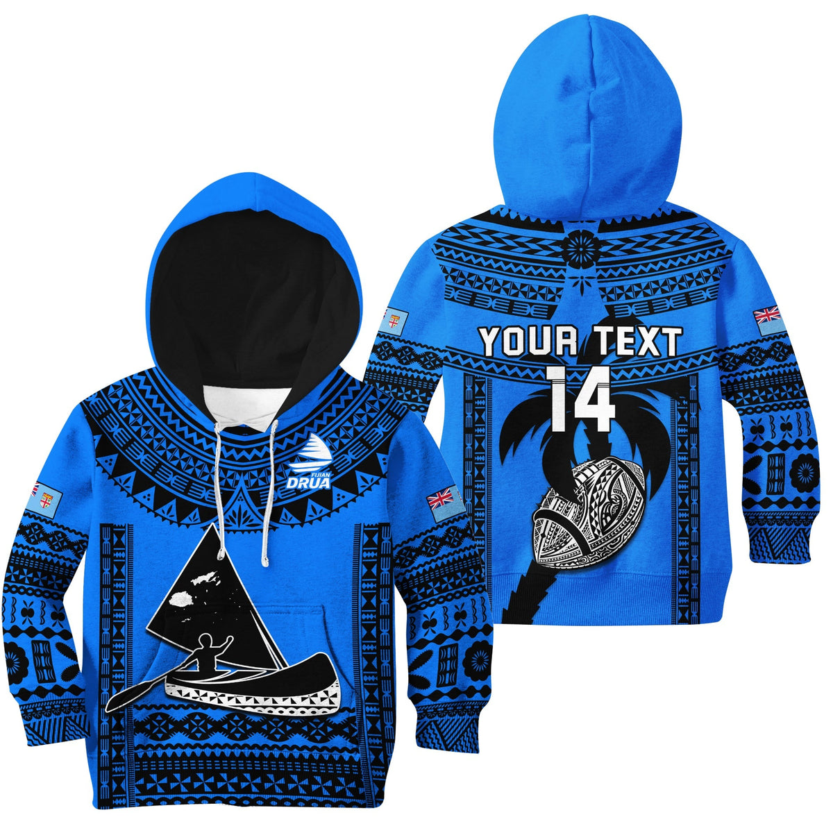 Custom Text And Number Fiji Rugby Hoodie KID Fijian Drua Super Polynesian Special Tapa Pattern - Wonder Print Shop
