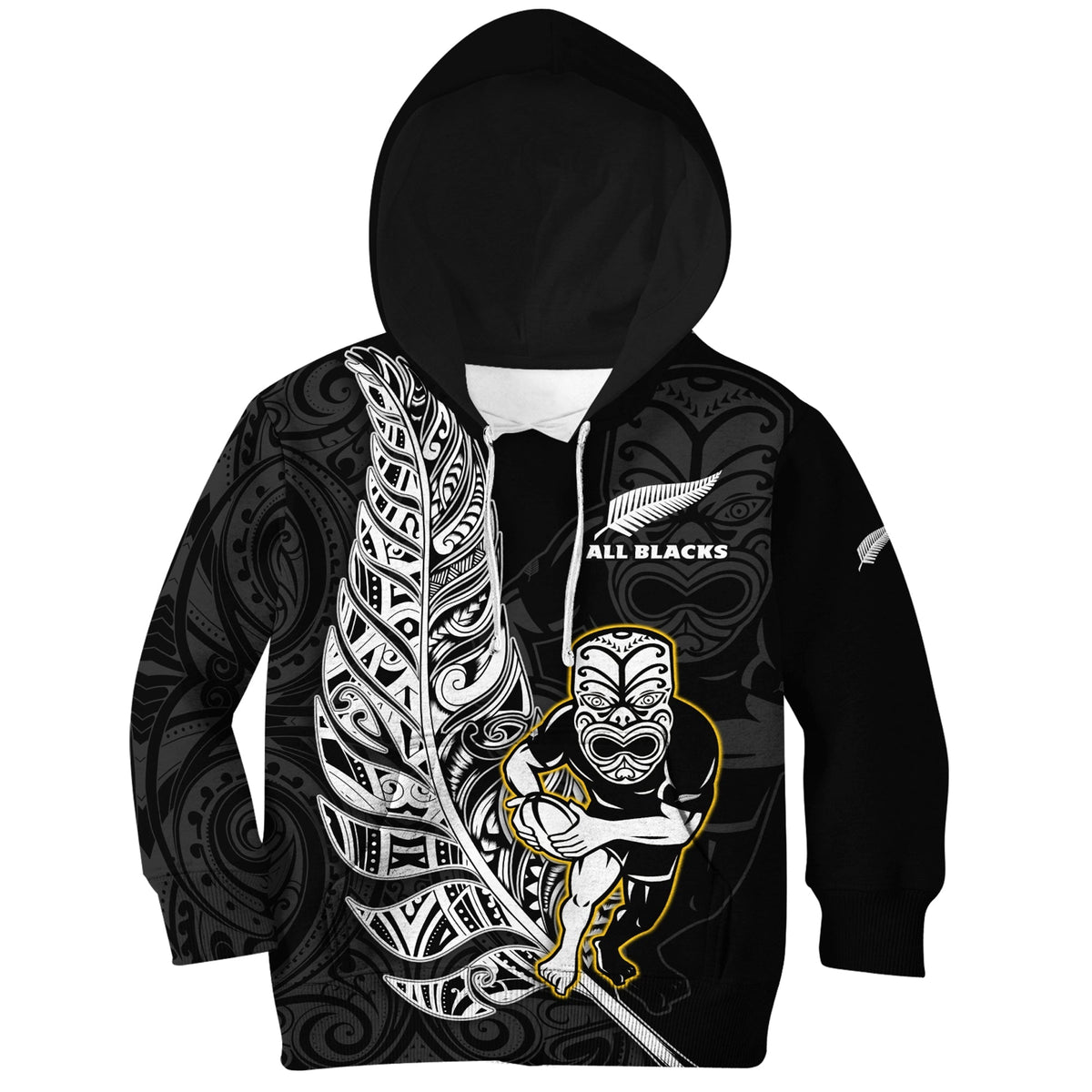 Custom Text And Number New Zealand 2022 Rugby Hoodie KID All Black Silver Fern Maori Pattern Version Black - Wonder Print Shop