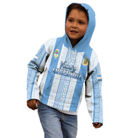 Kids football hoodie in light blue and white with front crest graphic and hood