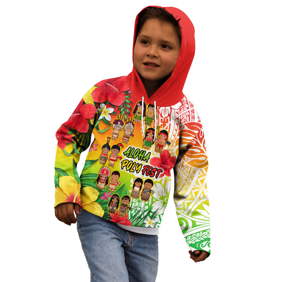 Custom Personalised Aloha Poly Fest Hoodie KID Polynesian Pattern With Tropical Flowers - Wonder Print Shop