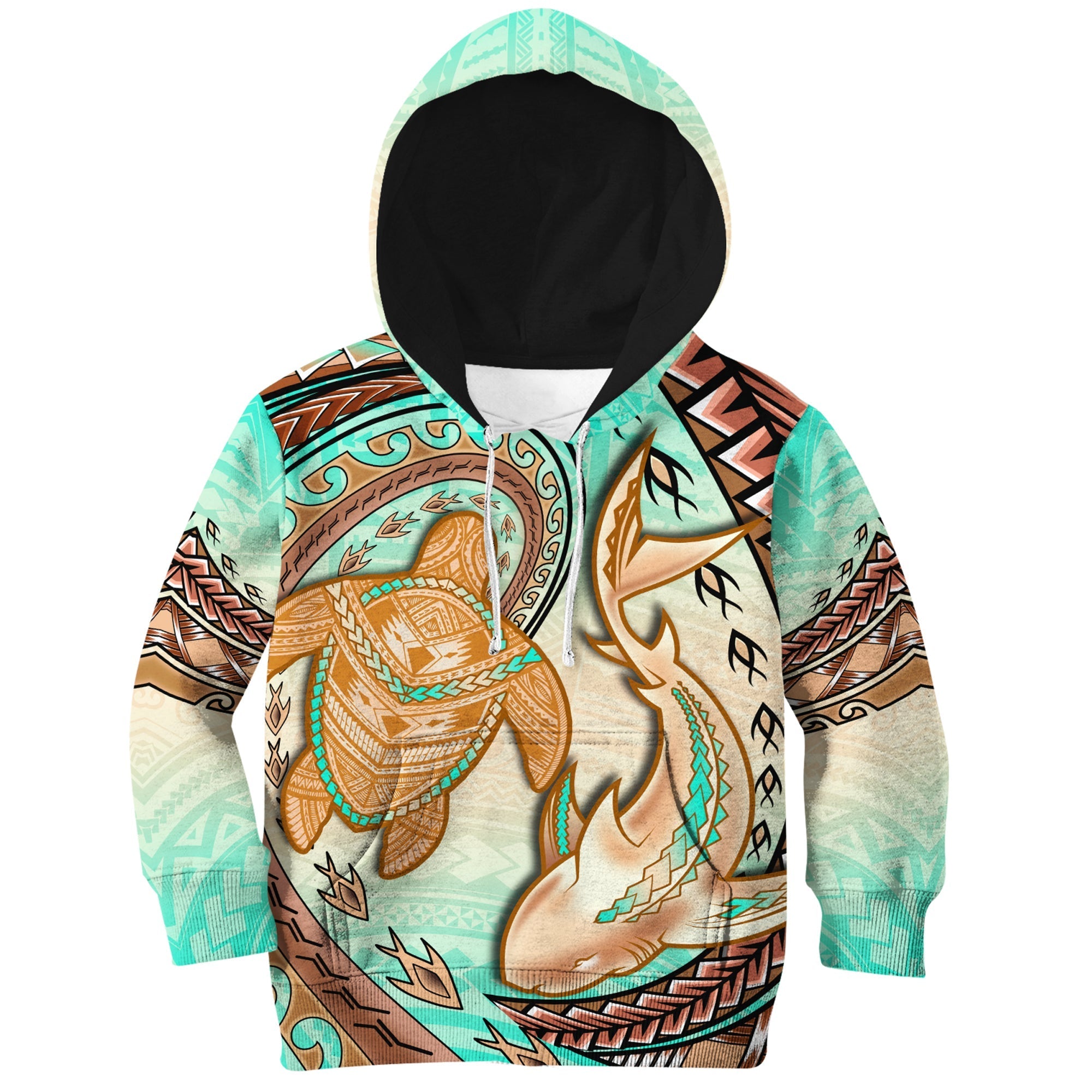 Hawaii Hoodie KID Polynesian Shark And Sea Turtle Dreamy Turquoise Artsy - Wonder Print Shop