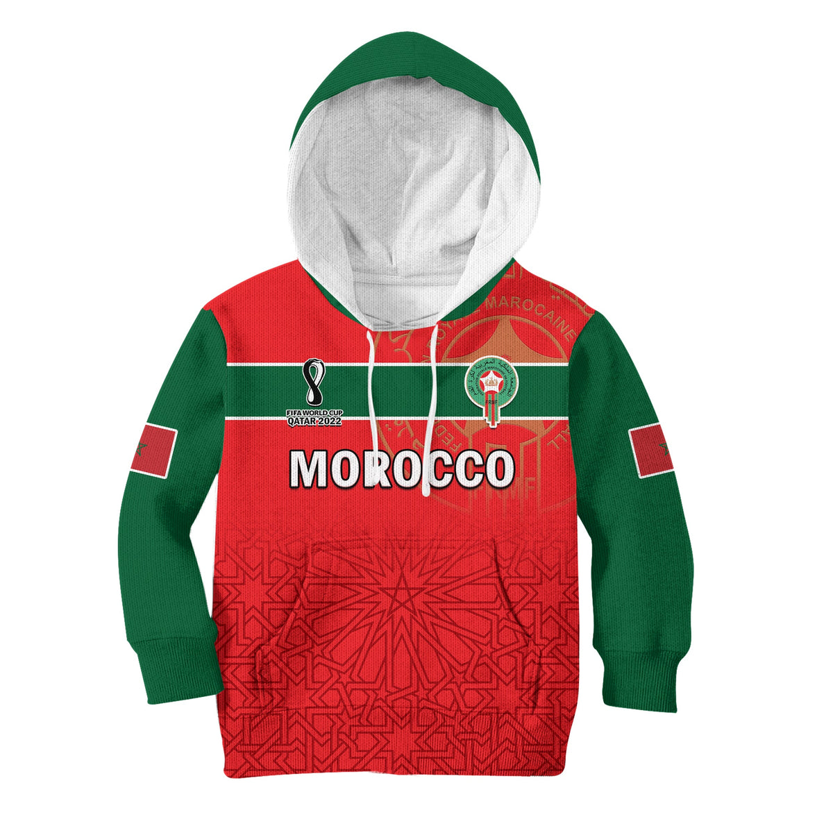 (Custom Text and Number) Morocco Football Hoodie KID Atlas Lions Red World Cup 2022 - Wonder Print Shop