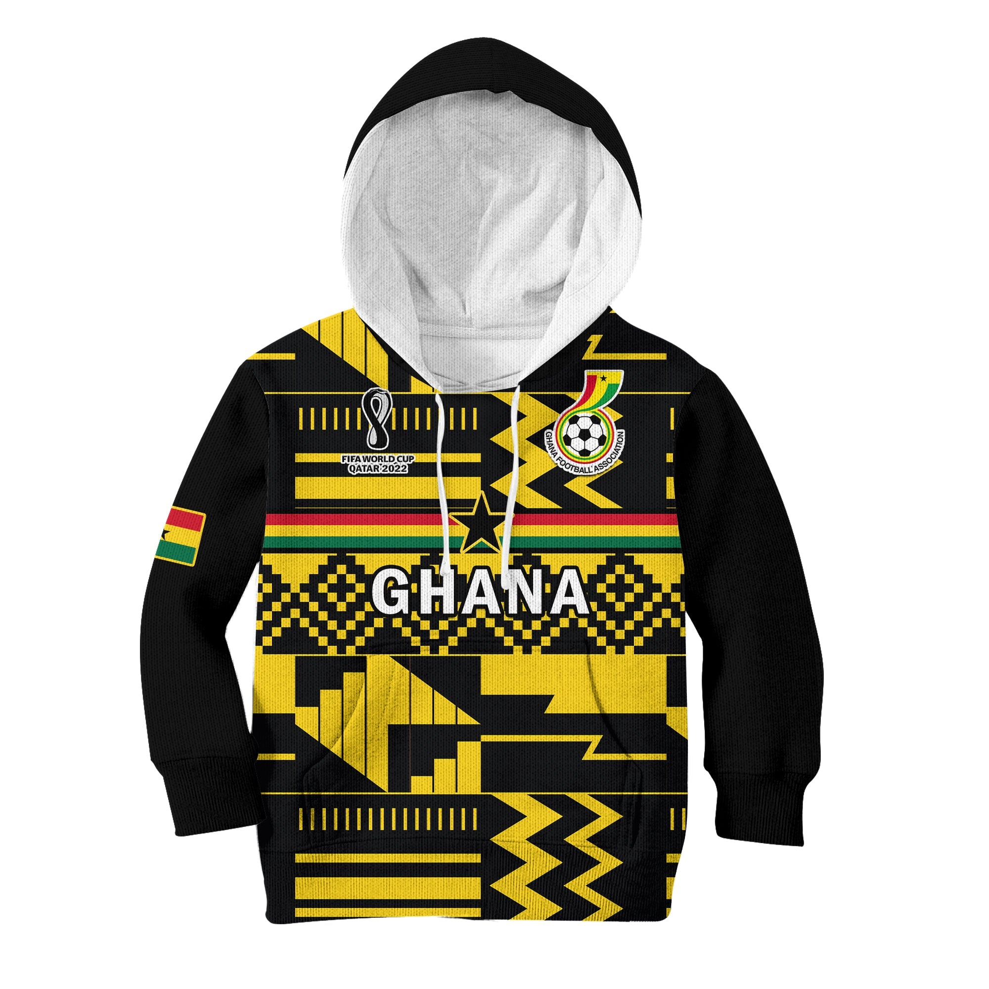 custom-text-and-number-ghana-football-hoodie-kid-black-stars-kente-world-cup-2022-yellow