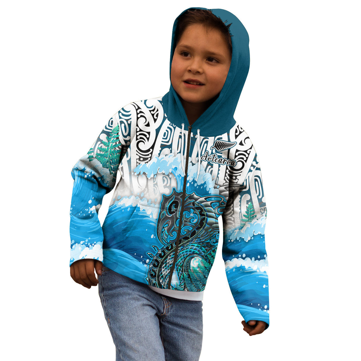 Custom Personalised Manaia Maori Hoodie KID Fern Aotearoa Blue Waves LT13 - Wonder Print Shop