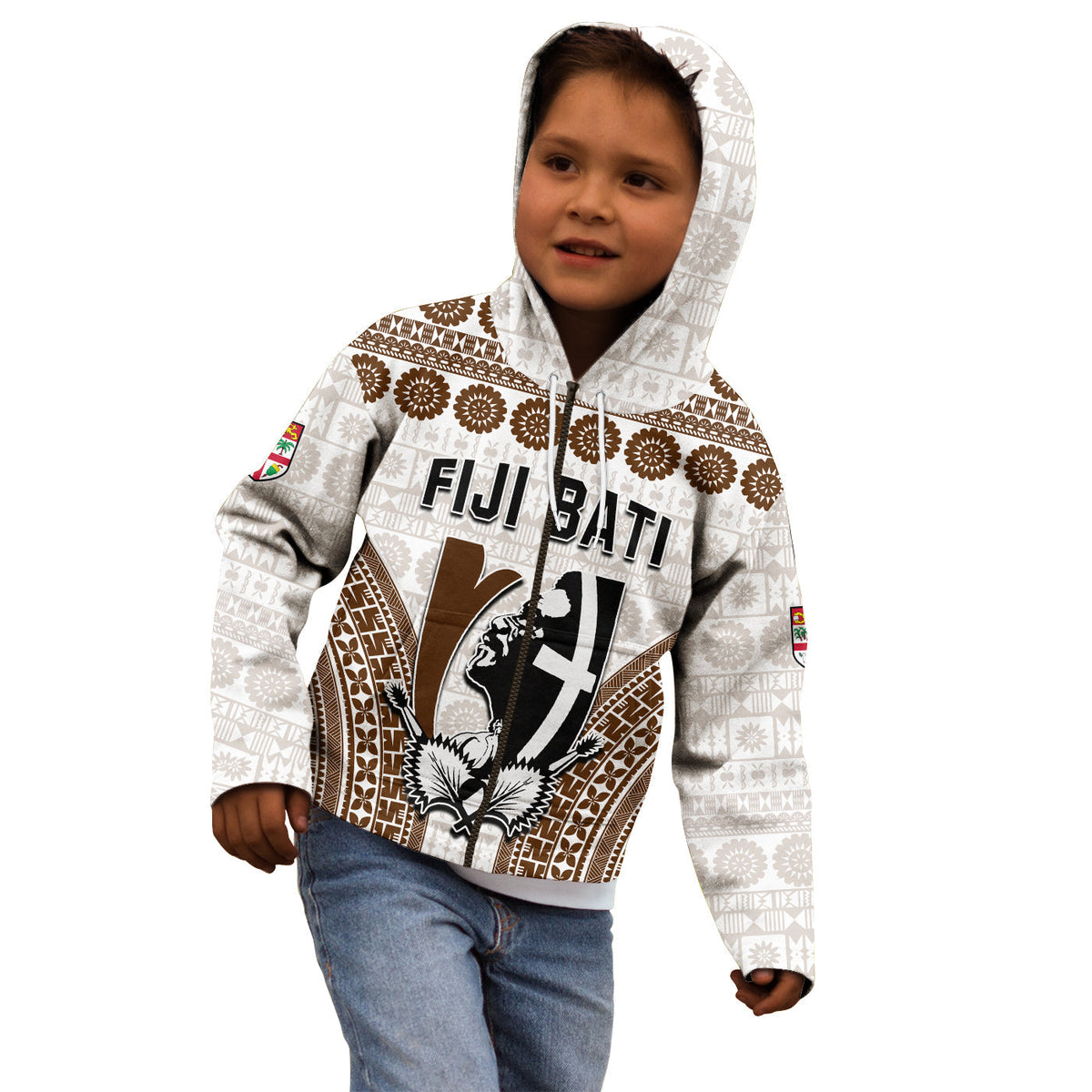 Kids white hoodie with hood, Fiji Bati front graphic and sleeve flag patch