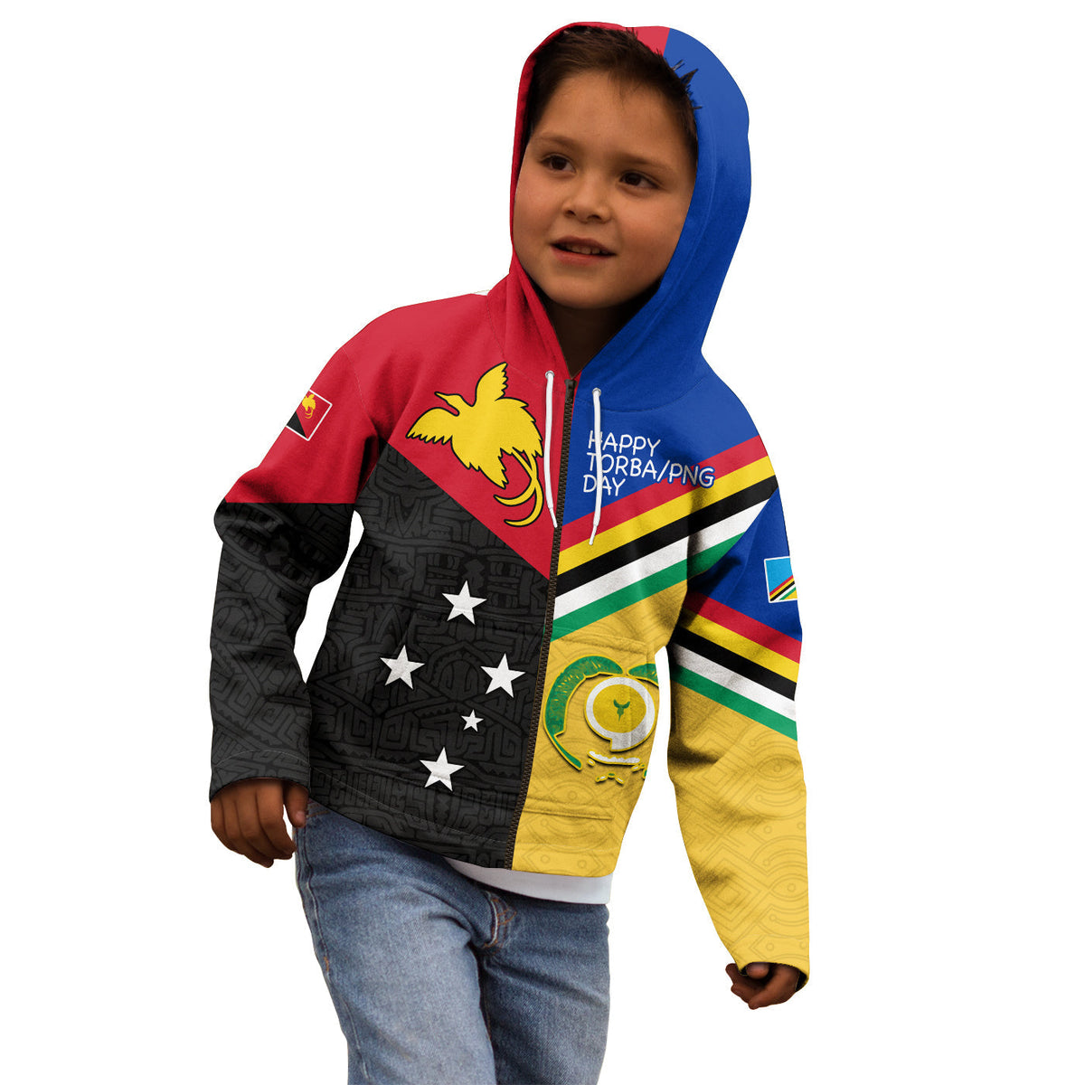 Kids zip hoodie, red blue yellow green panels with star motifs and chest graphic