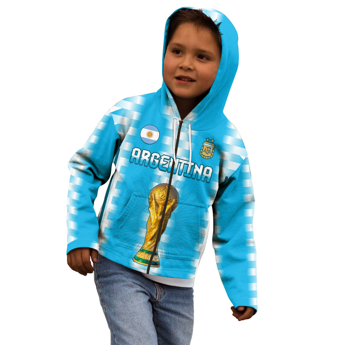 Kids blue zip hoodie, hooded front with striped sleeves and ARGENTINA text graphic
