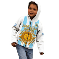 Kids football zip hoodie, white hood and drawstrings, front sun graphic with blue stripe