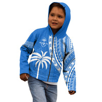 Kids blue hoodie with hood and front Polynesian tapa graphics, zipper closure