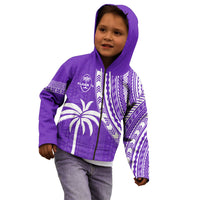 Kids purple hoodie with hood, Fijian-inspired palm and stripe front print