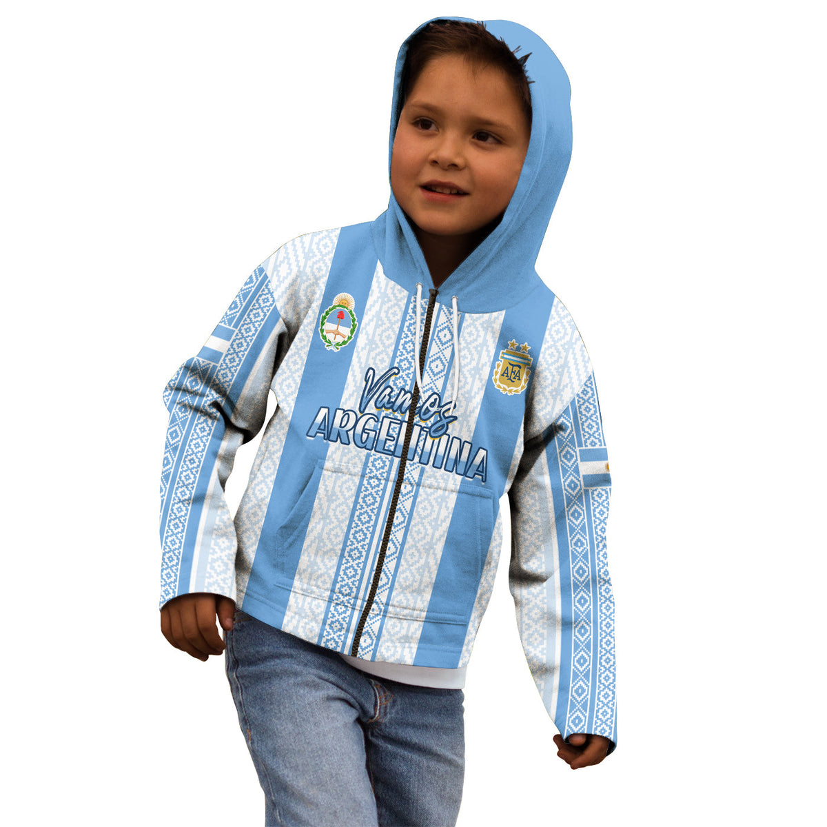 Kids football hoodie with blue hood, drawstrings, and vertical stripe design
