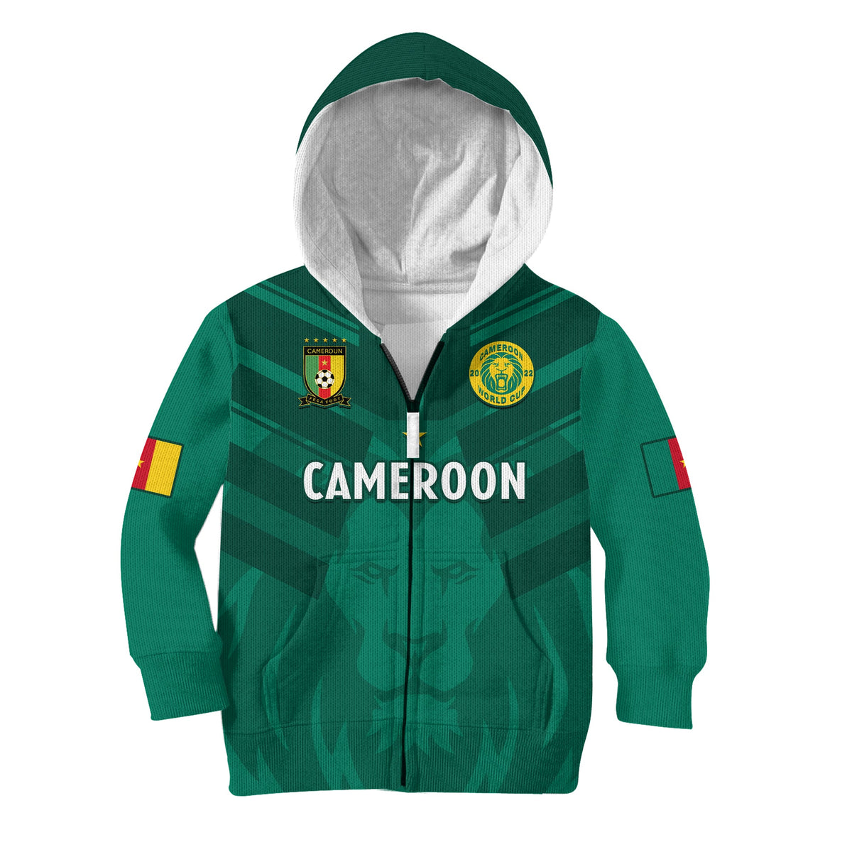Kids green football zip hoodie with CAMEROON front graphic, hood and zip