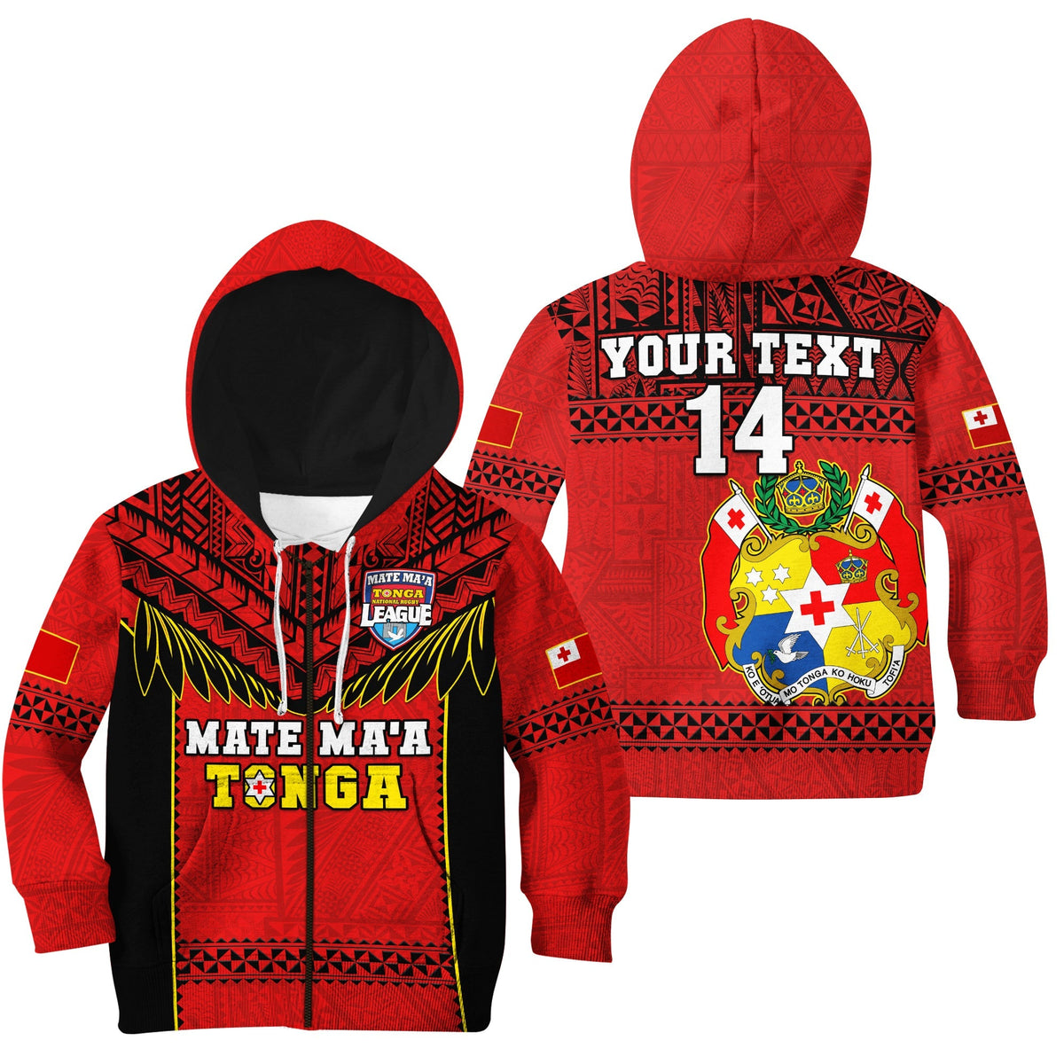 Custom Text And Number Tonga Rugby Hoodie KID Mate Maa Tonga Pacific Ngatu Black - Wonder Print Shop