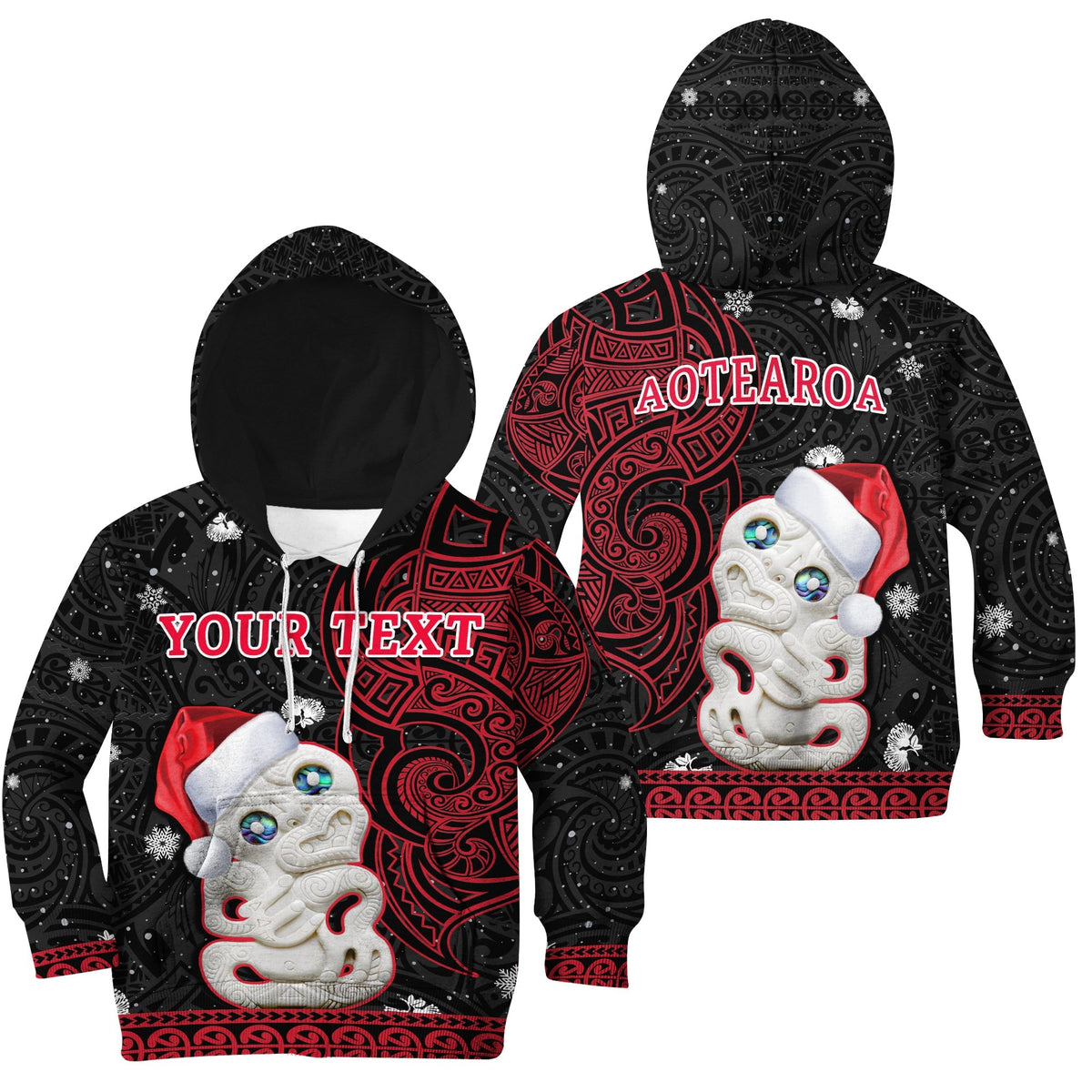 Custom Personalised New Zealand Christmas Hoodie KID Hei Tiki Red Pohutukawa Meri Kirihimete - Wonder Print Shop