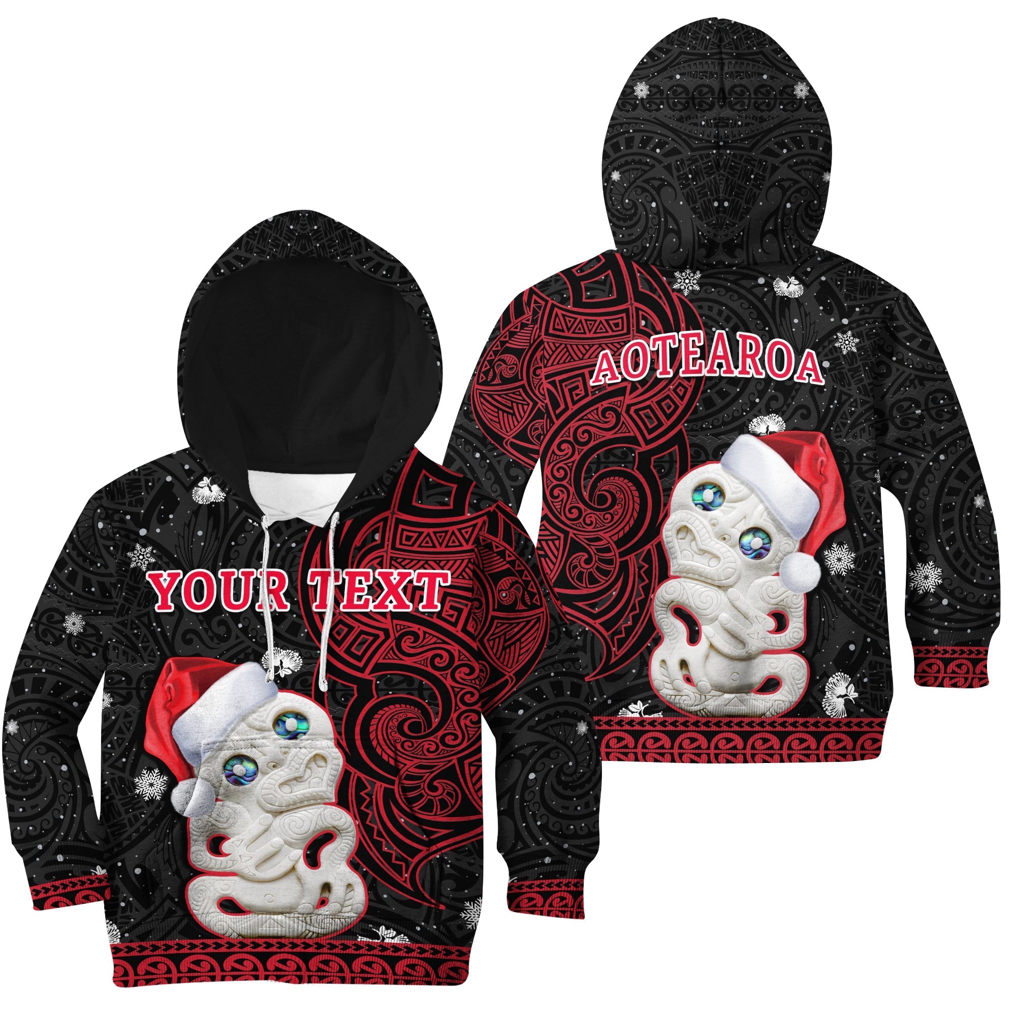 Custom Personalised New Zealand Christmas Hoodie KID Hei Tiki Red Pohutukawa Meri Kirihimete - Wonder Print Shop