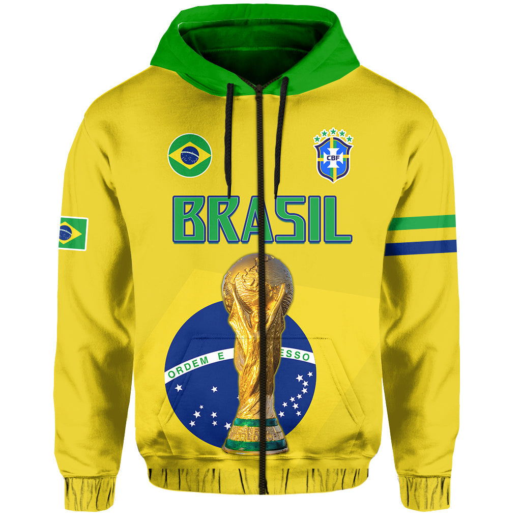 Yellow Brazil football hoodie with green hood, crest details, and gold trophy print.