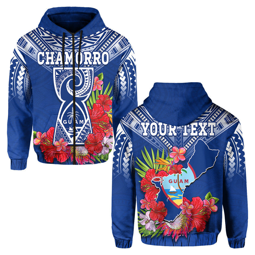 Custom Personalised Guam Chamorro Hoodie Guaman Latte Stone Tropical Flowers Blue Version - Wonder Print Shop